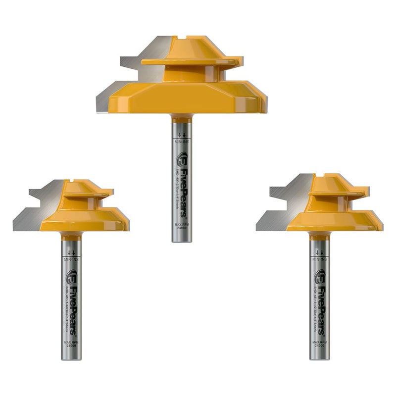 FIVEPEARS 45 Degree Lock Miter Router Bit 1/4 Inch shank,Timberlock 45 Lock Miter Router Bit 3PCS Set,for 1/2",5/8",3/4"Cutting Height,Timber Lock Router Bit Easy to Create Lock Miter Joint - Image 1